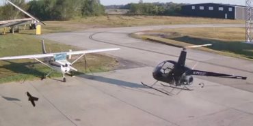 Helicopter Out of Control Crashes into Parked Plane