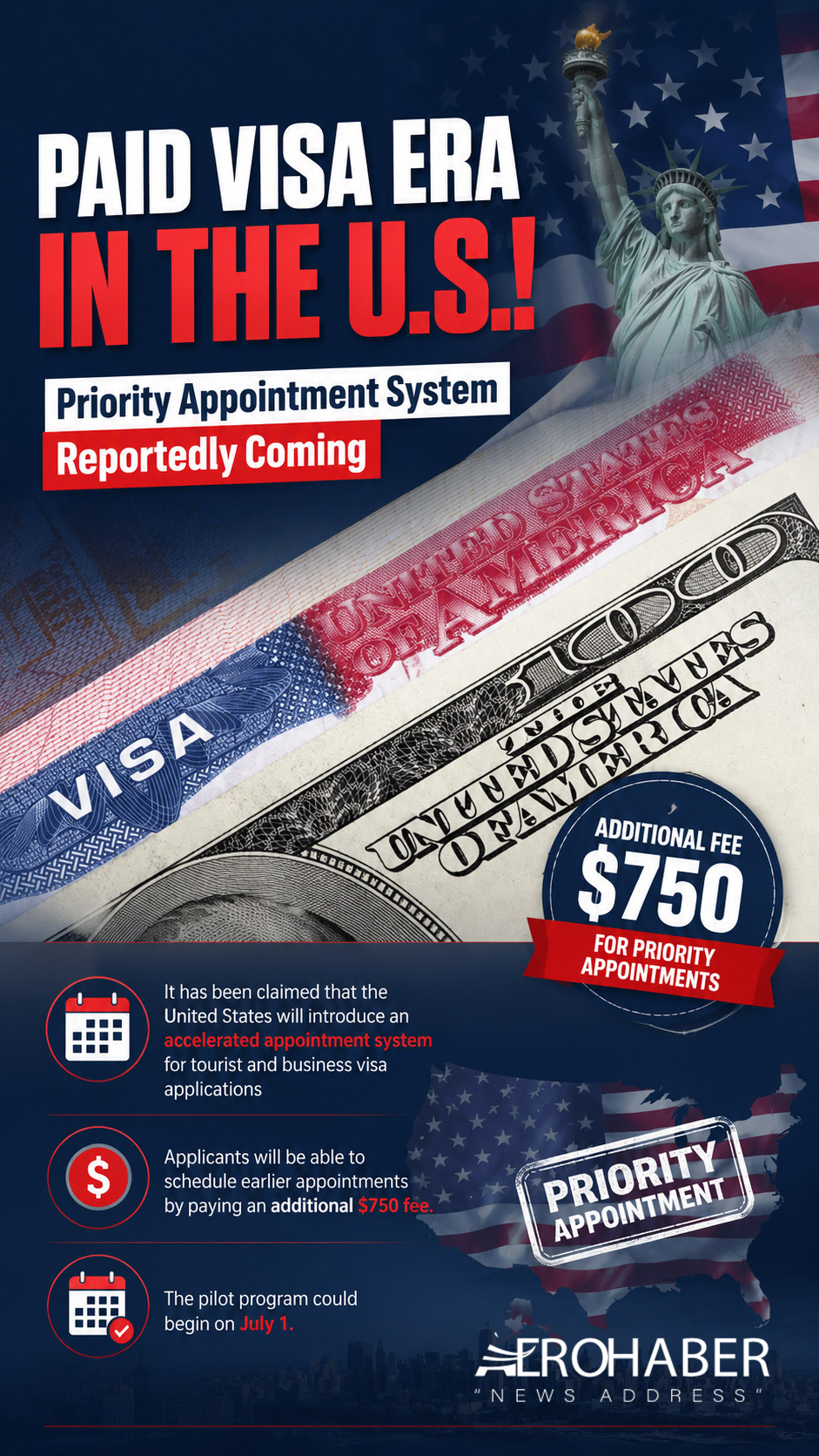 $750 Claim for U.S. Visa Applications 1 Aviation News Visa It has been claimed that the United States will introduce an accelerated appointment system for tourist and business visa applications in exchange for an additional $750 fee. The pilot program could begin on July 1.
