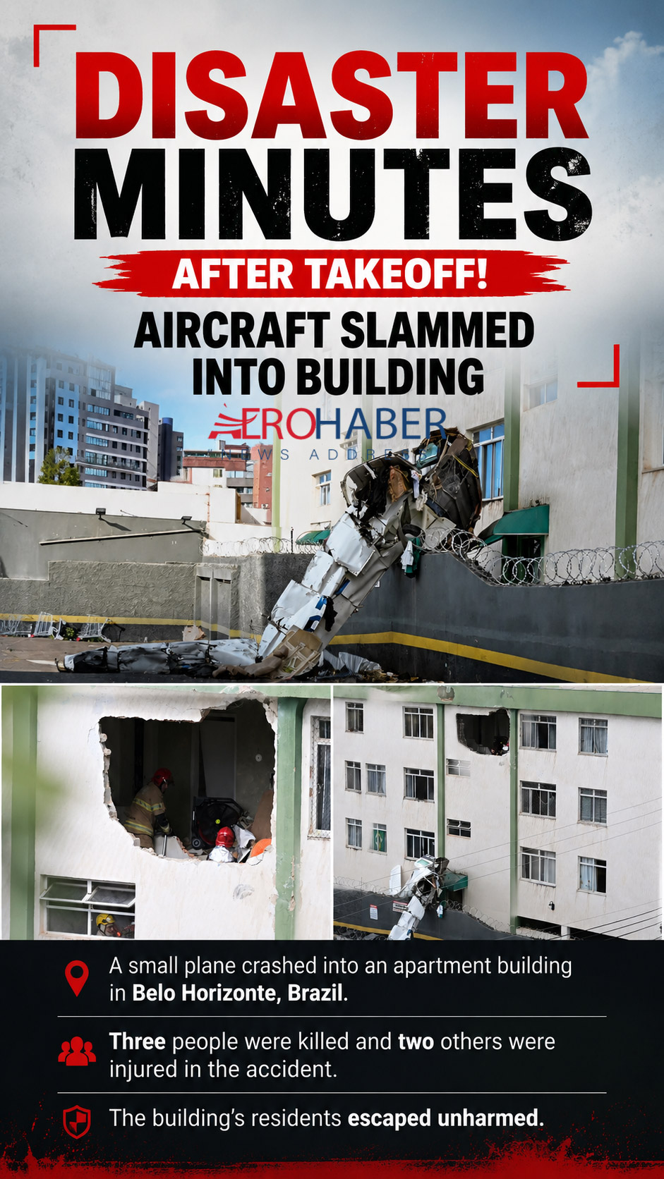 Small Plane Crashes Into Apartment Building in Brazil: 3 Dead, 2 Injured 4 Accidents and Incidents Aviation News Small Plane A small plane crashed into an apartment building in Belo Horizonte, Brazil. Three people were killed and two others were injured in the accident. The building’s residents escaped unharmed.