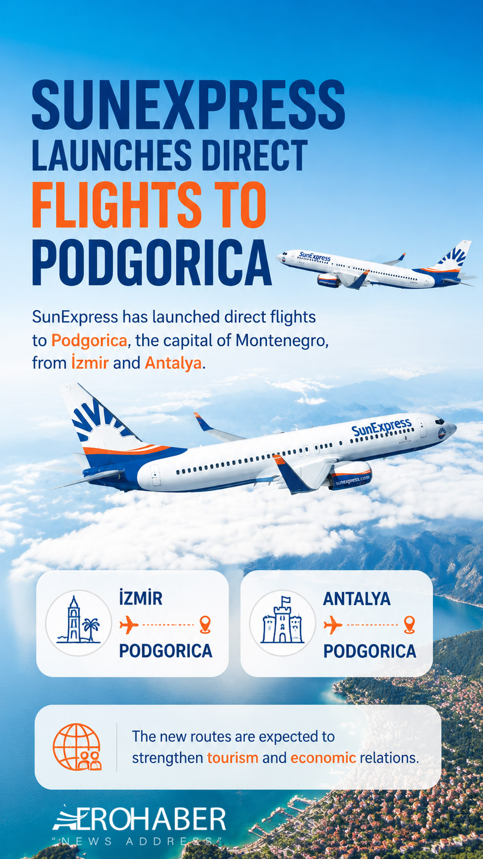 SunExpress Launches Direct Flights to Podgorica 1 Sunexpress Airlines News SunExpress SunExpress has launched direct flights to Podgorica, the capital of Montenegro, from İzmir and Antalya. The new routes are expected to strengthen tourism and economic relations.