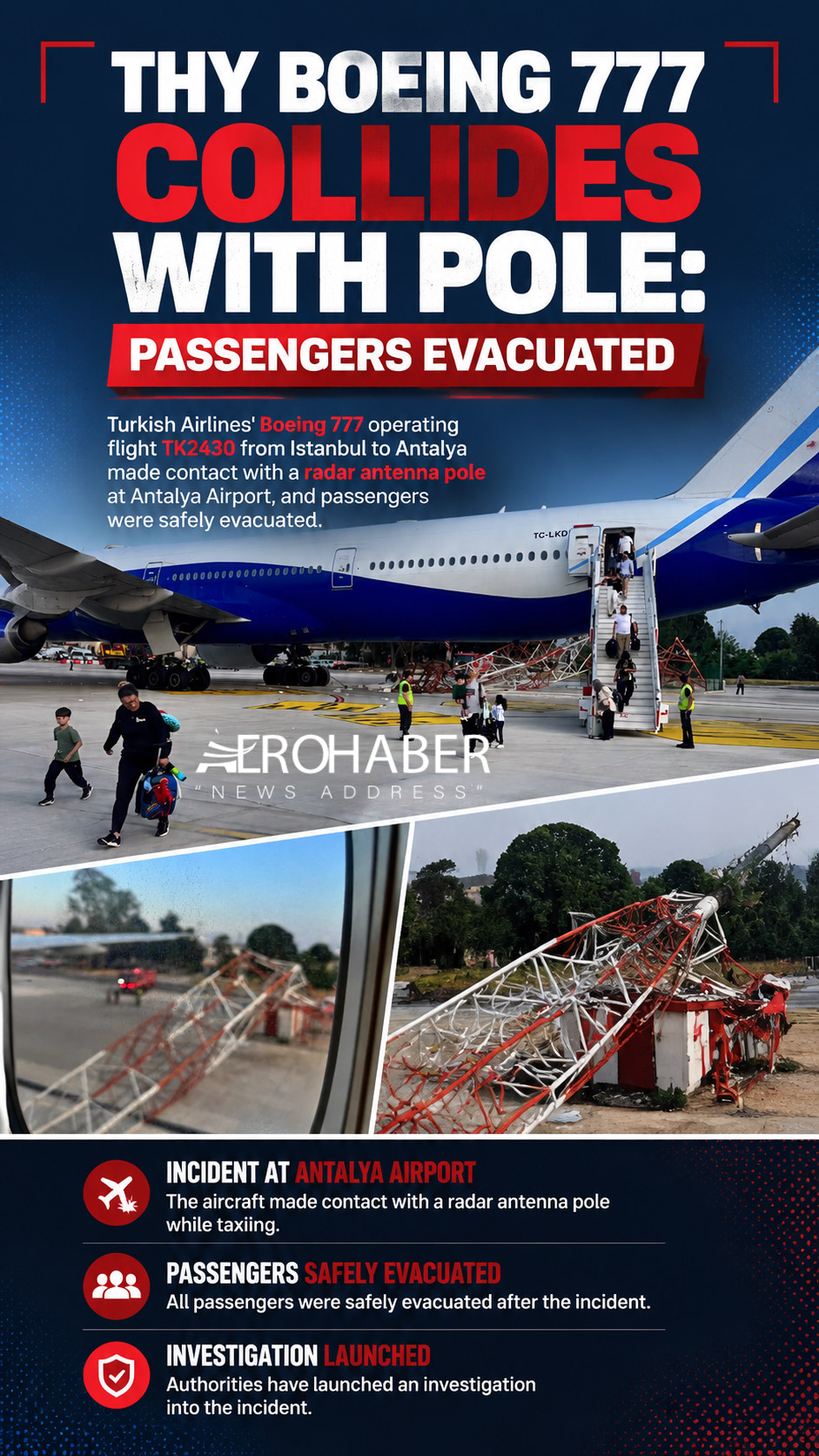 Technical Investigation Launched for THY Aircraft at Antalya Airport 11 Turkish Airlines News THY Aircraft Turkish Airlines’ Boeing 777 operating flight TK2430 from Istanbul to Antalya made contact with a radar antenna pole at Antalya Airport, and passengers were safely evacuated.